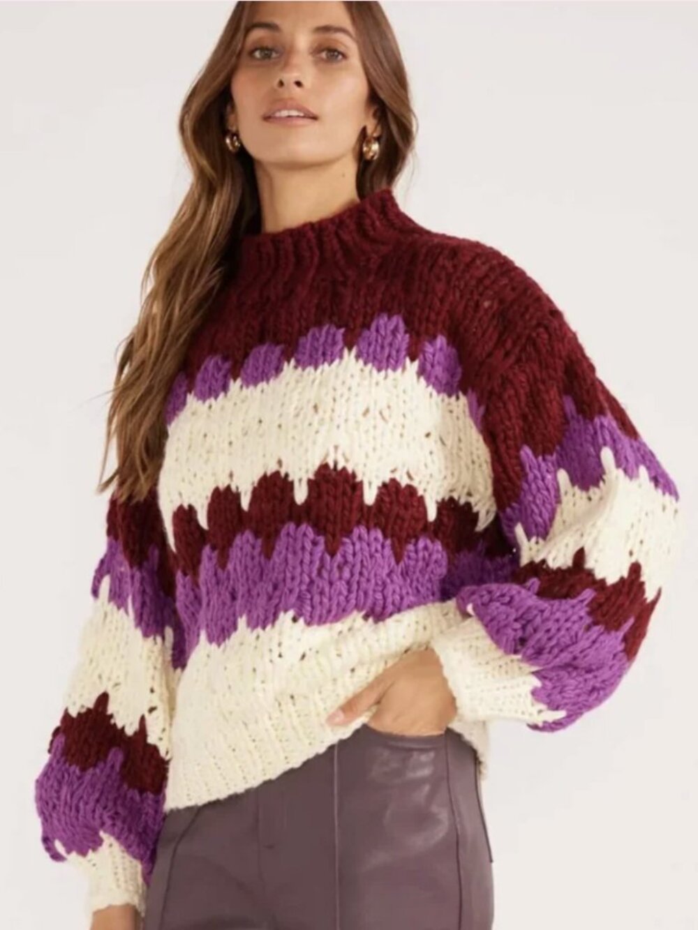 MINKPINK Margot Bobble Knit Sweater Burgundy Small Granola Girl Boho Fall